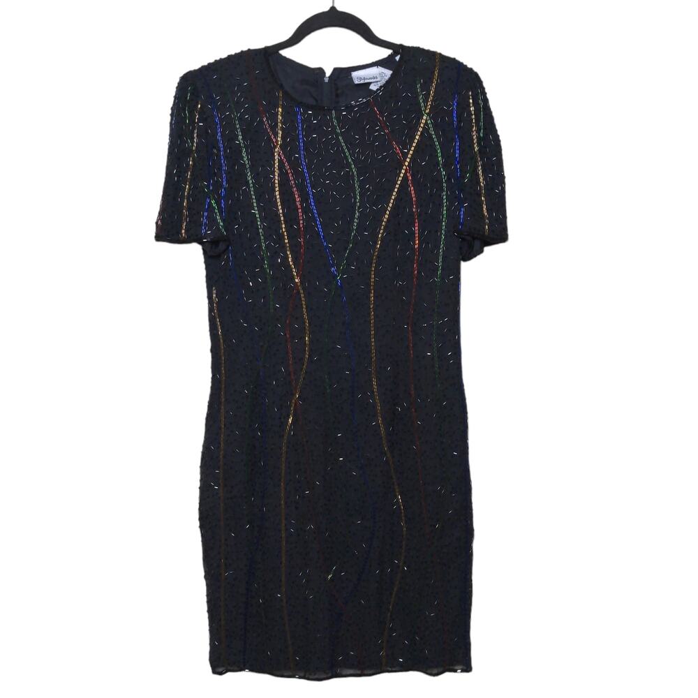 Styleworks Vintage Sheath Dress Black Beaded Embellished Silk Evening 12